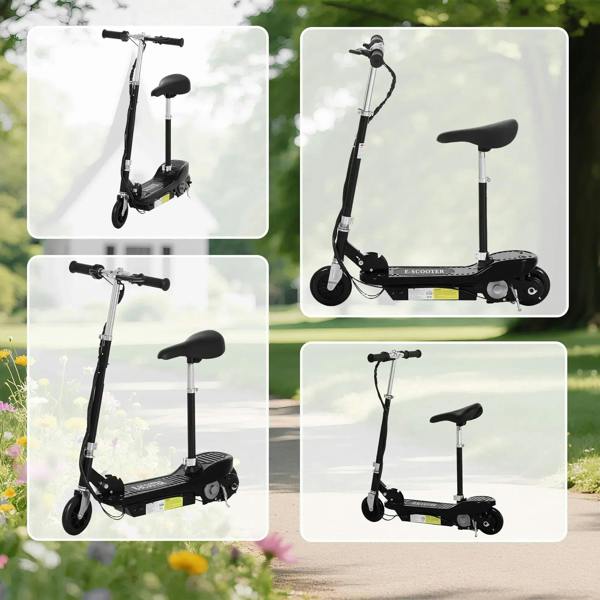 Black powered e-scooter shown from multiple angles with padded seat.