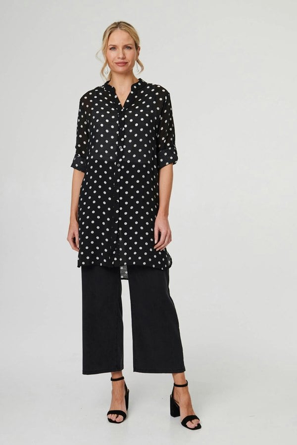 Black | Polka Dot Print Long Sleeve Tunic Shirt
