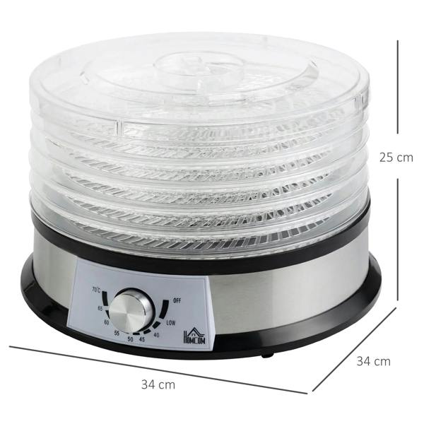 5-tray food dehydrator with clear top and stainless base, showing height and width