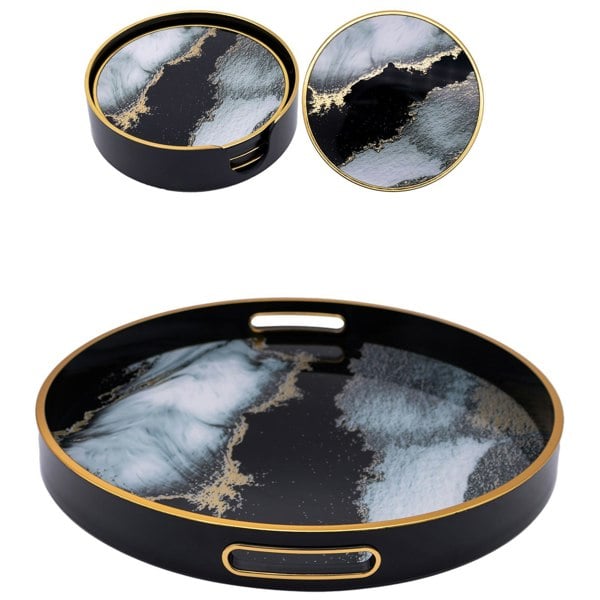 Round Black Abstract Tray & Coaster Set