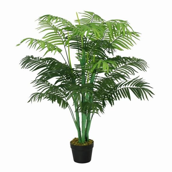 Artificial palm tree with green fronds in a black nursery pot