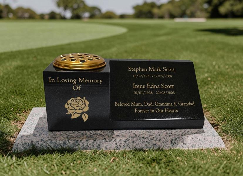 Memorials Direct Granite Vase Plaque, Combination for Two Names, Free Personalised Gold Engraving Polished