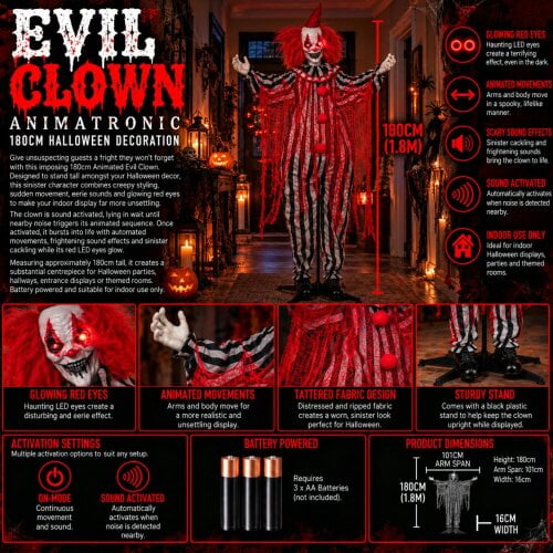 Samuel Alexander 1.8m Animated Evil Clown Sound Activated Halloween Decoration with LEDs