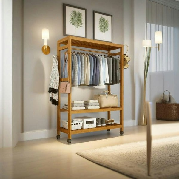 Modcraft Heavy Duty Wooden Clothes Stand – Garment for Open Wardrobe with Wheels