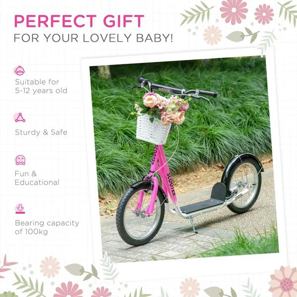 Pink kids kick scooter with front basket and black inflatable wheels