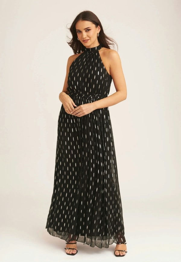Gini London Black Jacquard Halter Neck Maxi Dress