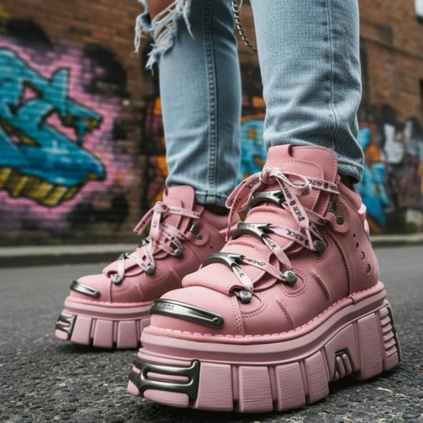 New Rock M-106-C158 Pink Platform Gothic Punk Ankle Boots