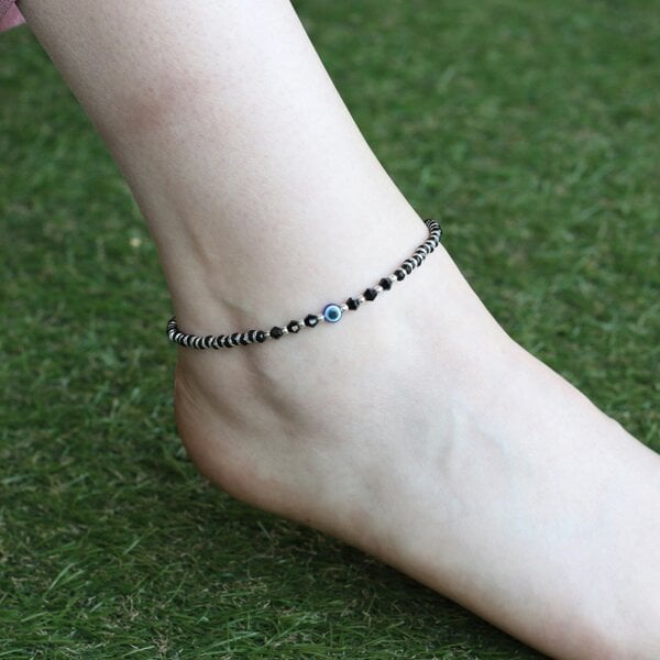 The Colourful Aura 925 Silver Black Beaded Evil Eye Nazar Payal Anklet