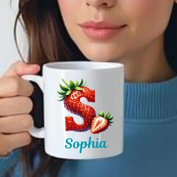 Personalised Strawberry Initial & Name Mug Gift | Sister Daughter Mum