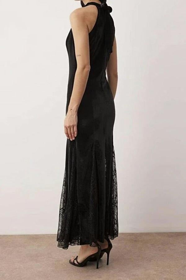 WOVCOR Lace Detail Knitted Velvet Maxi Dress Unlined