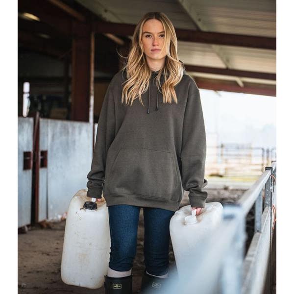 Hoggs of Fife hoodie worn on farm with jeans and wellington boots showing practical country wear use