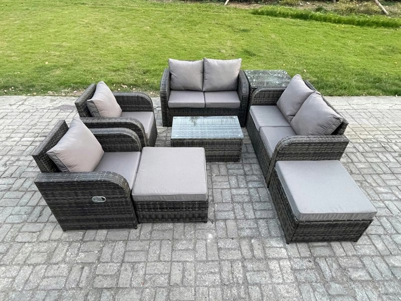 Fimous 8 Seater Dark Grey Mixed Rattan Outdoor Lounge Set - Rectangular Coffee Table, 2 Big Footstools & Loveseat