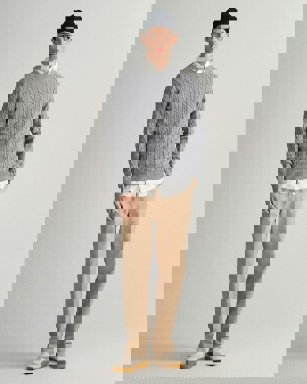 GANT Mens Cotton Cable Knit Crew Neck Jumper - 93 Grey Melange