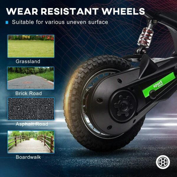24V Electric Motorbike with Twist Grip Throttle, Music, Horn, 12" Pneumatic Tyres, 16km/h Max Speed - Green