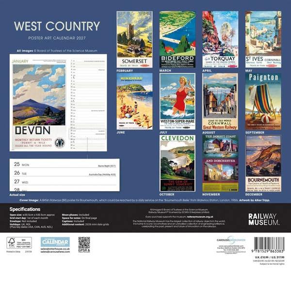 National Railway Museum, West Country Poster Art Calendar 2027, Wall Calendars, Month To View, Travel, Gift