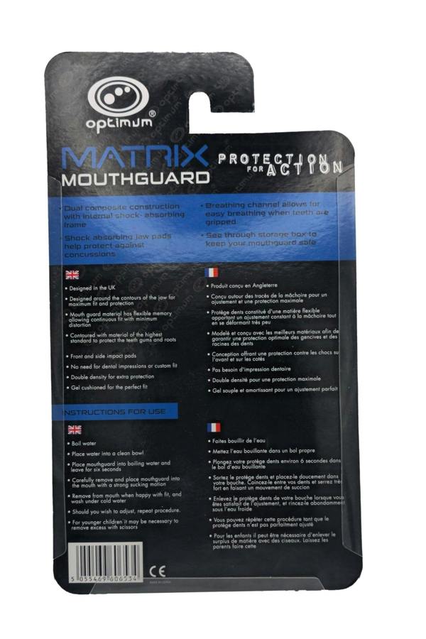 Reverse of Optimum Matrix mouthguard blister pack showing product details and fitting instructions, black card - Optimum