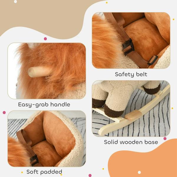 Kids lion rocking horse details: soft padded seat, safety belt, solid wooden rocker base