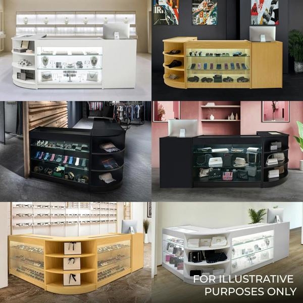 Black Adonis LED Shop Counter Set featuring sleek glass displays, modern design, and versatile shapes for retail environments