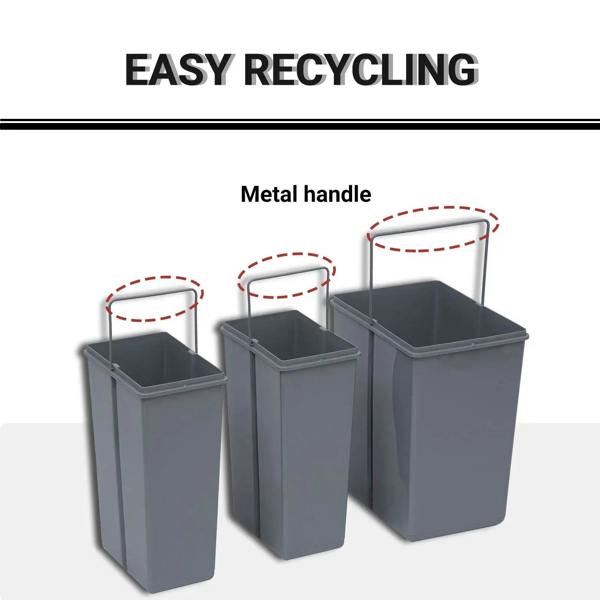 Grey recycling bin set with metal handles and three removable containers