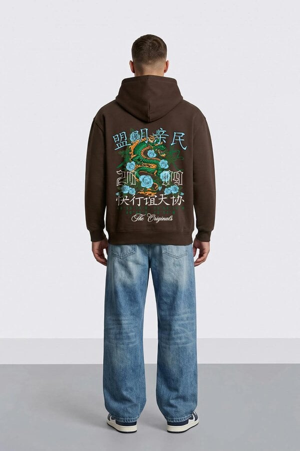 London Attitude Relaxed Fit Dragon Graphic Hoodie - Hot chocolate