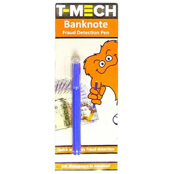 Blue counterfeit money detector pens displayed on a bright orange card, featuring an illustration and text highlighting fraud detection features