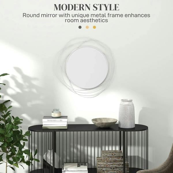 Silver round wall mirror with abstract metal wire loop frame for a modern look