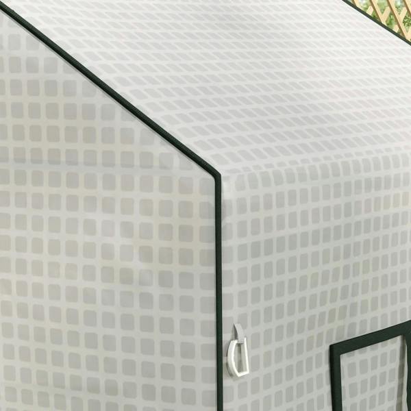 White PE greenhouse cover corner with dark trim and small latch/handle on side panel