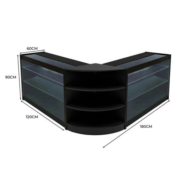 Black Apollo LED shop counter set featuring a sleek design with glass shelves, measuring 180cm wide, 90cm high, and 60cm deep