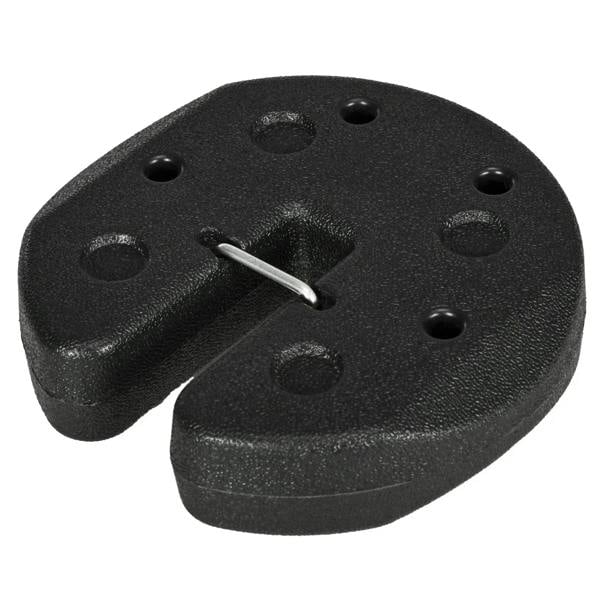 Black gazebo tent base weight with metal pin and mounting holes