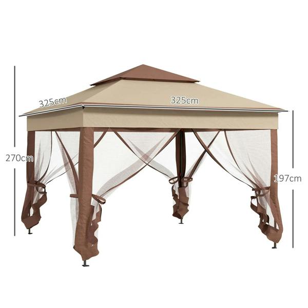 Khaki 3x3 m pop-up gazebo with double roof and mesh side curtains, dimensions shown
