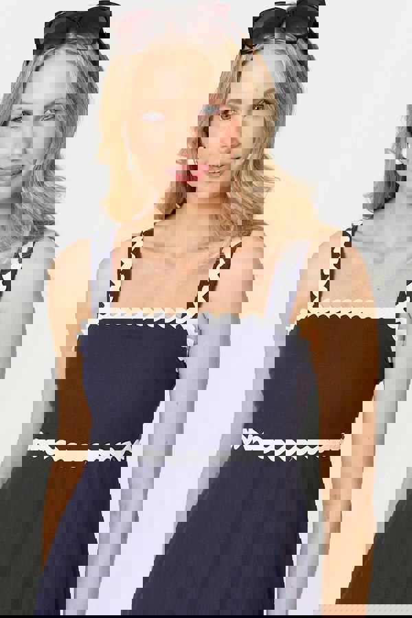 Navy | Zig Zag Trim Sleeveless Tiered Midi Dress
