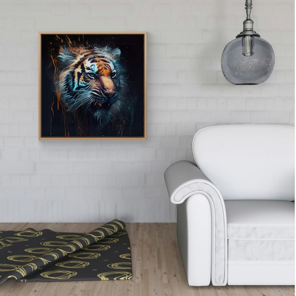 Warren Reed Tiger Face Splash Art Dark Background Framed Canvas