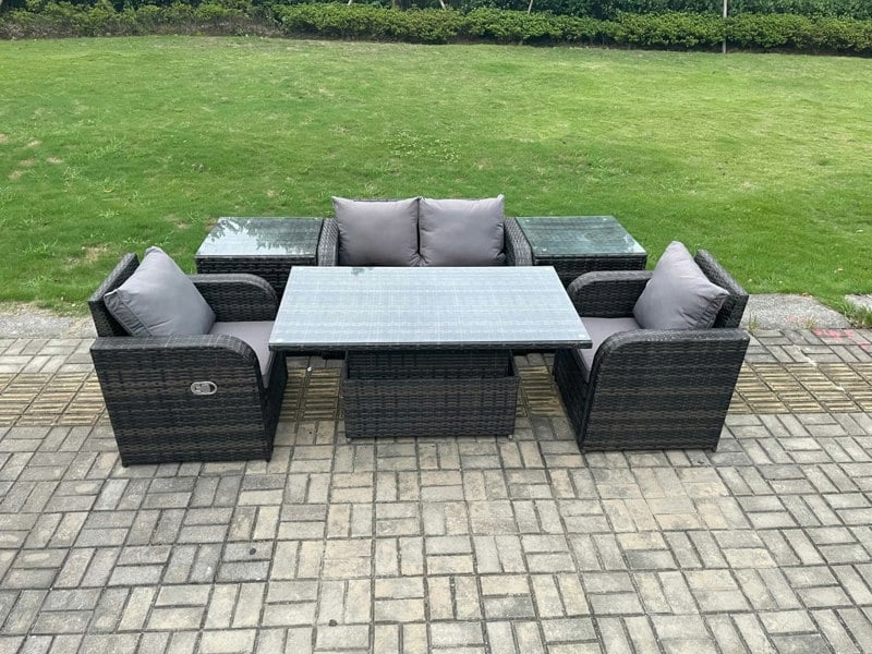 Fimous Outdoor Rattan Garden Furniture Set Height Adjustable Rising lifting Dining Table Love Sofa With 2 Side Tables Chair