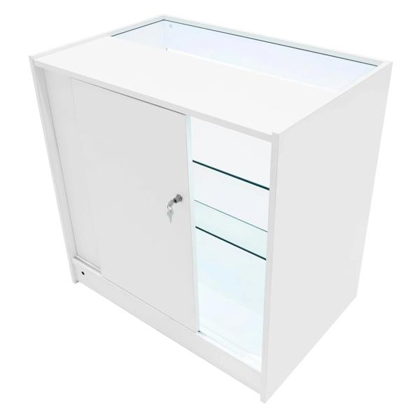 Hera LED Shop Counter Set in white, featuring a sleek design, glass shelves, and a lockable sliding door for secure display