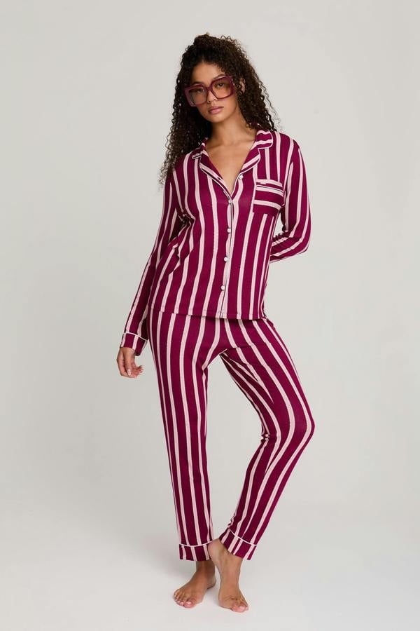 Bamboo Long Pyjama Set in Bordeaux Stripe - Wholesale - Pajamas