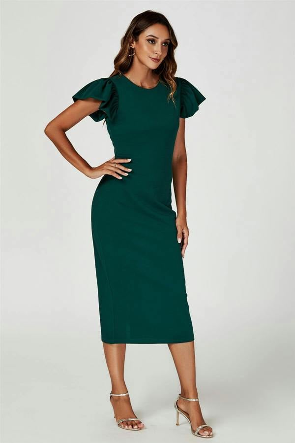 FS Collection Volume Sleeve Bodycon Midi Dress In Green