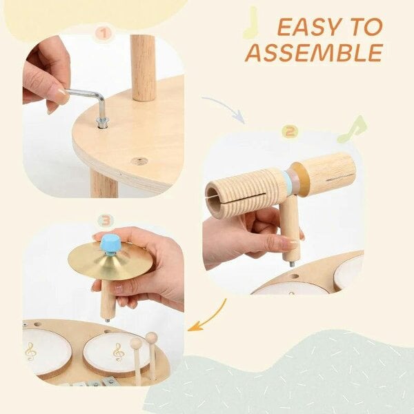 Baby Drum Kit, Wooden Kids Musical Instruments with Drums and Xylophone, Gifts for Girls Boys Birthday, Natural