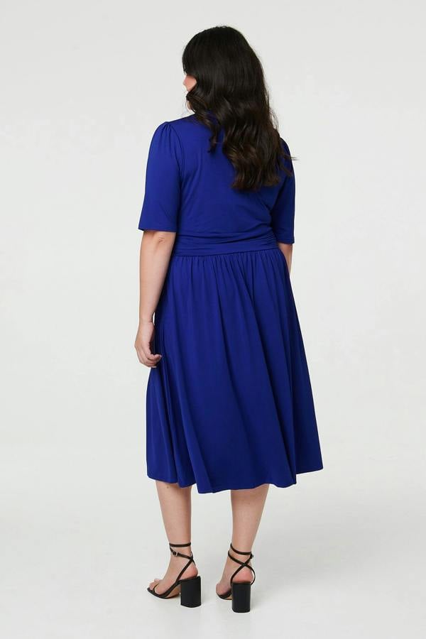 Blue | Curve Ruched Waist Faux Wrap Midi Dress