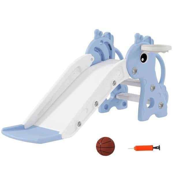 Kids 3-in-1 blue slide with giraffe climber and basketball hoop, includes ball and pump.