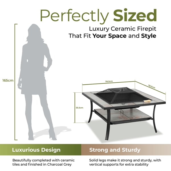 Centurion Supports SHANGO Premium Multi-Functional Black with Ceramic Tiles Outdoor Garden and Patio Square Heater Fire Pit Brazier and Outdoor Table