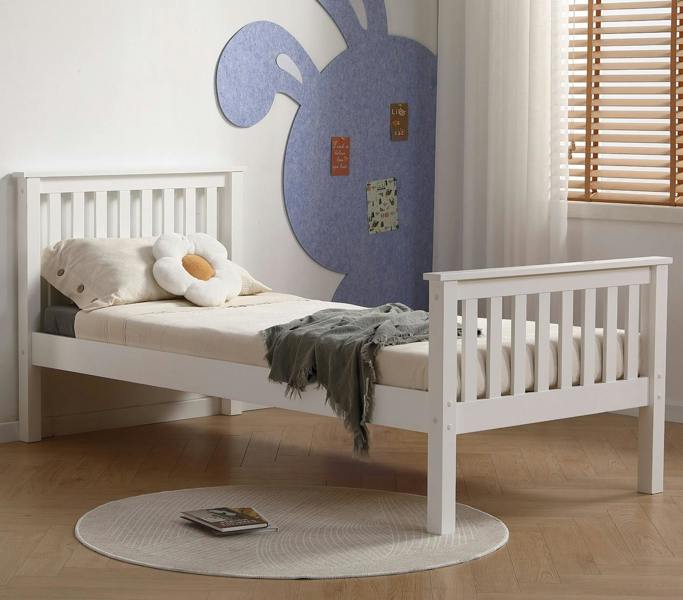 Mission TM Devon White Wooden Bed FrameDevon Solid Pine Bed Frame, Shaker Slatted Headboard and Footboard, 4 Sizes, Single to King