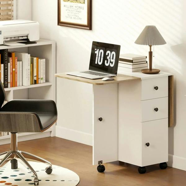 White and oak dining table cart with drawers, shelving space, and wheeled base