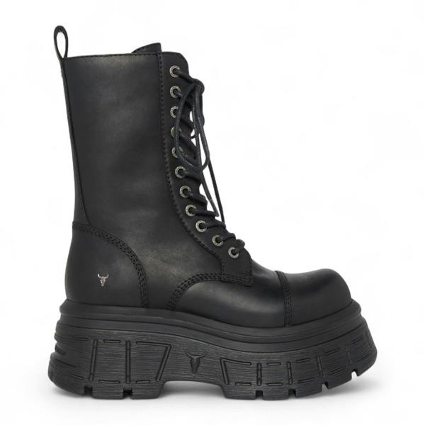 Windsorsmith Womens Black Mid-Calf Biker Leather Platform Combat Boots - Screaming