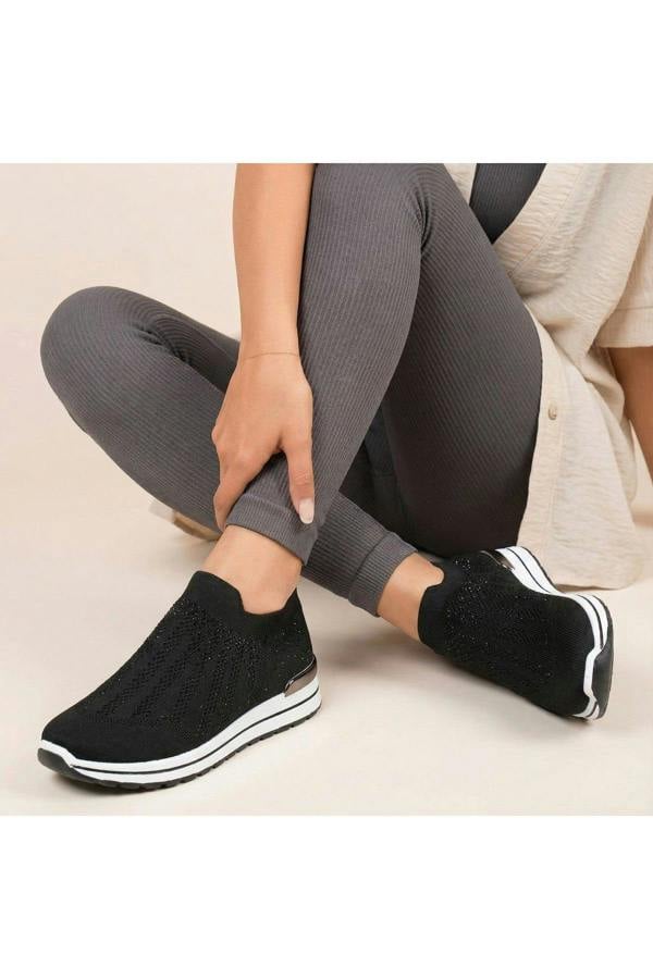 Tawnie Diamante Knit Slip-on Wedge Trainers - Black/White