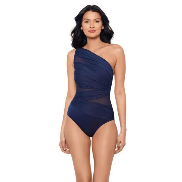 Midnight blue Miraclesuit Network Jena swimsuit with one-shoulder sheer panel