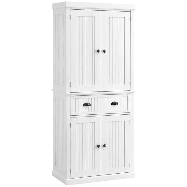White kitchen storage cabinet with drawer and adjustable shelves, double-door base.