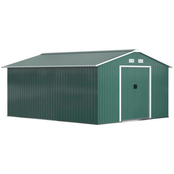 Green steel storage shed with gable roof and double front sliding door opening