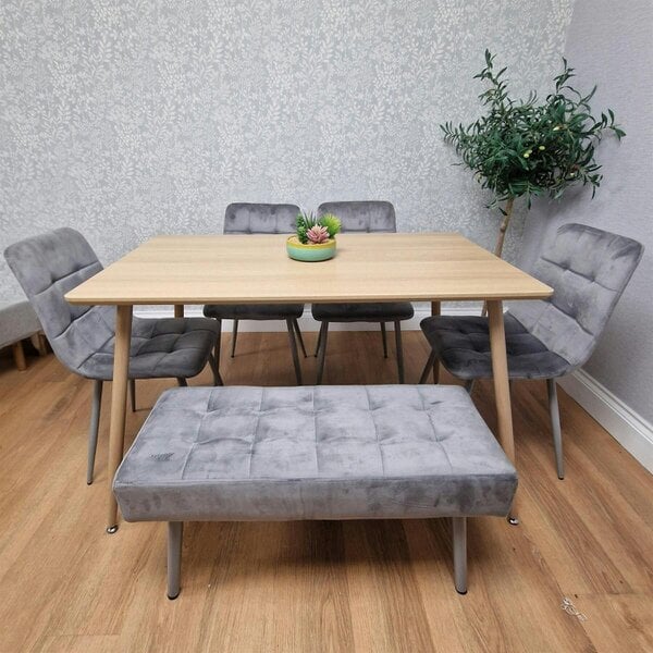 Kosy Koala Dining Table Set With 4 Grey Velvet Chairs And 1 Grey Velvet Bench Dining Room Furniture