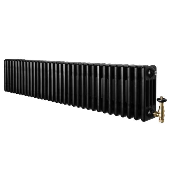 Traditional black 4 column radiator with a sleek, ribbed design and brass valves, measuring 300 x 1505mm for efficient heating