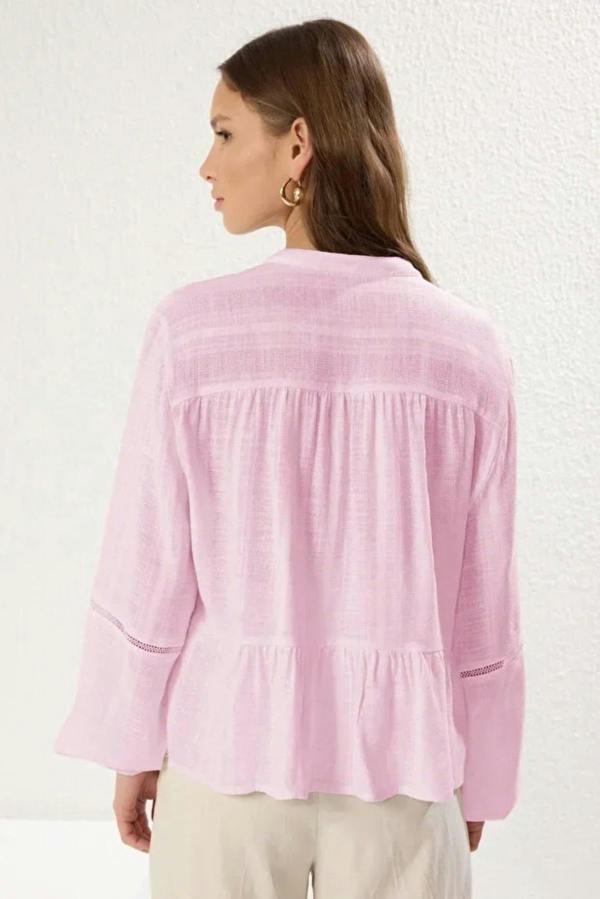 Hoxton Gal Cotton-Textured Regular Fit Woven Shirt with Lace Sleeve Detail